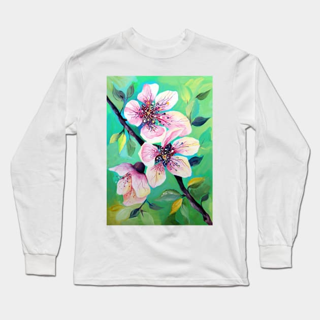 Japanese Cherry Blossom Tree Watercolor Long Sleeve T-Shirt by Nisuris Art